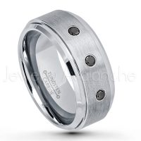 0.21ctw Black Diamond 3-Stone Tungsten Ring - April Birthstone Ring - 9mm Tungsten Wedding Band - Brushed Finish Comfort Fit Tungsten Carbide Ring - Beveled Edge Men's Anniversary Ring TN023-BD