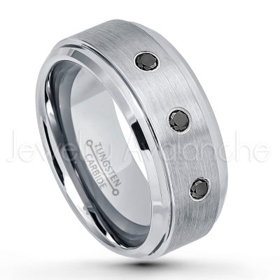 0.07ctw Black Diamond Tungsten Ring - April Birthstone Ring - 9mm Tungsten Wedding Band - Brushed Finish Comfort Fit Tungsten Carbide Ring - Beveled Edge Men's Anniversary Ring TN023-BD