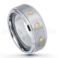 0.21ctw Citrine 3-Stone Tungsten Ring - November Birthstone Ring - 9mm Tungsten Wedding Band - Brushed Finish Comfort Fit Tungsten Carbide Ring - Beveled Edge Men's Anniversary Ring TN023-CN