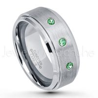 0.21ctw Emerald 3-Stone Tungsten Ring - May Birthstone Ring - 9mm Tungsten Wedding Band - Brushed Finish Comfort Fit Tungsten Carbide Ring - Beveled Edge Men's Anniversary Ring TN023-ED
