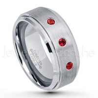 0.21ctw Garnet 3-Stone Tungsten Ring - January Birthstone Ring - 9mm Tungsten Wedding Band - Brushed Finish Comfort Fit Tungsten Carbide Ring - Beveled Edge Men's Anniversary Ring TN023-GR