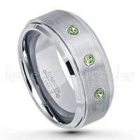 0.21ctw Green Tourmaline 3-Stone Tungsten Ring - October Birthstone Ring - 9mm Tungsten Wedding Band - Brushed Finish Comfort Fit Tungsten Carbide Ring - Beveled Edge Men's Anniversary Ring TN023-GTM