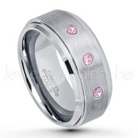 0.21ctw Pink Tourmaline 3-Stone Tungsten Ring - October Birthstone Ring - 9mm Tungsten Wedding Band - Brushed Finish Comfort Fit Tungsten Carbide Ring - Beveled Edge Men's Anniversary Ring TN023-PTM