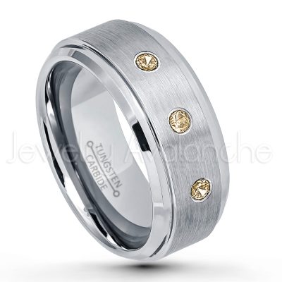 0.21ctw Smokey Quartz 3-Stone Tungsten Ring - November Birthstone Ring - 9mm Tungsten Wedding Band - Brushed Finish Comfort Fit Tungsten Carbide Ring - Beveled Edge Men's Anniversary Ring TN023-SMQ