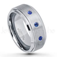 0.21ctw Blue Sapphire 3-Stone Tungsten Ring - September Birthstone Ring - 9mm Tungsten Wedding Band - Brushed Finish Comfort Fit Tungsten Carbide Ring - Beveled Edge Men's Anniversary Ring TN023-SP
