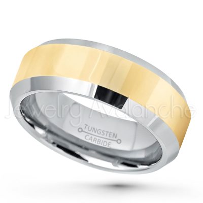 2-Tone Tungsten Wedding Band - 8mm Polished Yellow Gold Plated Center Comfort Fit Dome Tungsten Carbide Ring - Men's Anniversary Ring TN024PL