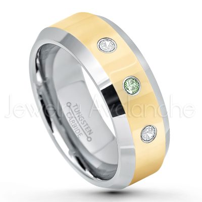 0.21ctw Alexandrite 3-Stone Tungsten Ring - June Birthstone Ring - 2-Tone Tungsten Wedding Band - 8mm Polished Yellow Gold Plated Center Comfort Fit Dome Tungsten Carbide Ring - Anniversary Ring TN024-ALX