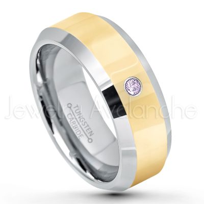 0.21ctw Amethyst 3-Stone Tungsten Ring - February Birthstone Ring - 2-Tone Tungsten Wedding Band - 8mm Polished Yellow Gold Plated Center Comfort Fit Dome Tungsten Carbide Ring - Anniversary Ring TN024-AMT