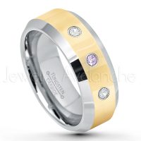0.21ctw Amethyst & Diamond 3-Stone Tungsten Ring - February Birthstone Ring - 2-Tone Tungsten Wedding Band - 8mm Polished Yellow Gold Plated Center Comfort Fit Dome Tungsten Carbide Ring - Anniversary Ring TN024-AMT