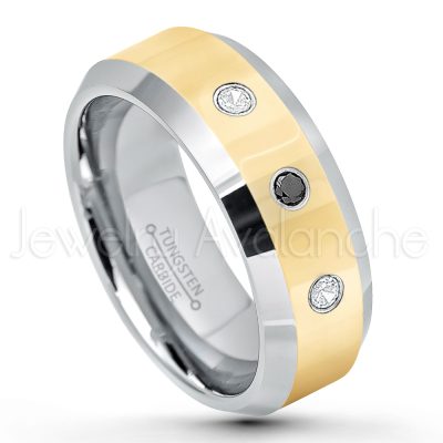 0.21ctw White & Black Diamond 3-Stone Tungsten Ring - April Birthstone Ring - 2-Tone Tungsten Wedding Band - 8mm Polished Yellow Gold Plated Center Comfort Fit Dome Tungsten Carbide Ring - Anniversary Ring TN024-WD