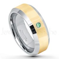 0.07ctw Emerald Tungsten Ring - May Birthstone Ring - 2-Tone Tungsten Wedding Band - 8mm Polished Yellow Gold Plated Center Comfort Fit Dome Tungsten Carbide Ring - Anniversary Ring TN024-ED