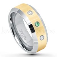 0.21ctw Emerald & Diamond 3-Stone Tungsten Ring - May Birthstone Ring - 2-Tone Tungsten Wedding Band - 8mm Polished Yellow Gold Plated Center Comfort Fit Dome Tungsten Carbide Ring - Anniversary Ring TN024-ED