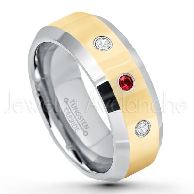 0.21ctw Garnet 3-Stone Tungsten Ring - January Birthstone Ring - 2-Tone Tungsten Wedding Band - 8mm Polished Yellow Gold Plated Center Comfort Fit Dome Tungsten Carbide Ring - Anniversary Ring TN024-GR