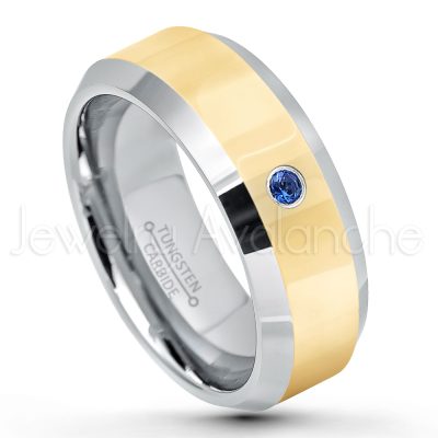 0.21ctw Blue Sapphire & Diamond 3-Stone Tungsten Ring - September Birthstone Ring - 2-Tone Tungsten Wedding Band - 8mm Polished Yellow Gold Plated Center Comfort Fit Dome Tungsten Carbide Ring - Anniversary Ring TN024-SP