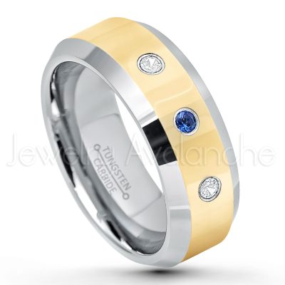 0.21ctw Blue Sapphire 3-Stone Tungsten Ring - September Birthstone Ring - 2-Tone Tungsten Wedding Band - 8mm Polished Yellow Gold Plated Center Comfort Fit Dome Tungsten Carbide Ring - Anniversary Ring TN024-SP