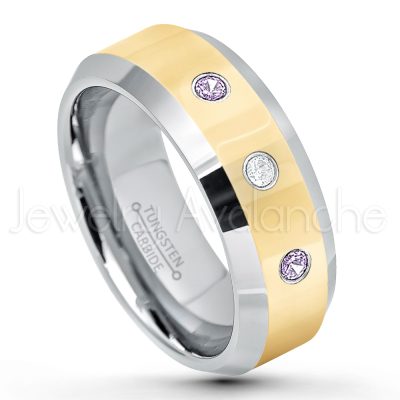 0.21ctw Amethyst 3-Stone Tungsten Ring - February Birthstone Ring - 2-Tone Tungsten Wedding Band - 8mm Polished Yellow Gold Plated Center Comfort Fit Dome Tungsten Carbide Ring - Anniversary Ring TN024-AMT