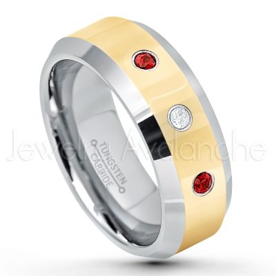 0.07ctw Garnet Tungsten Ring - January Birthstone Ring - 2-Tone Tungsten Wedding Band - 8mm Polished Yellow Gold Plated Center Comfort Fit Dome Tungsten Carbide Ring - Anniversary Ring TN024-GR