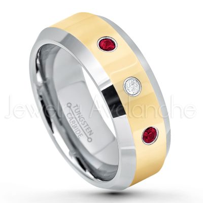 0.07ctw Ruby Tungsten Ring - July Birthstone Ring - 2-Tone Tungsten Wedding Band - 8mm Polished Yellow Gold Plated Center Comfort Fit Dome Tungsten Carbide Ring - Anniversary Ring TN024-RB