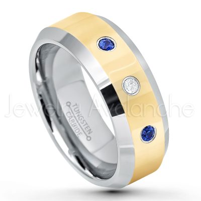 0.21ctw Blue Sapphire & Diamond 3-Stone Tungsten Ring - September Birthstone Ring - 2-Tone Tungsten Wedding Band - 8mm Polished Yellow Gold Plated Center Comfort Fit Dome Tungsten Carbide Ring - Anniversary Ring TN024-SP