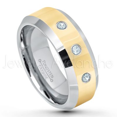 0.07ctw Aquamarine Tungsten Ring - March Birthstone Ring - 2-Tone Tungsten Wedding Band - 8mm Polished Yellow Gold Plated Center Comfort Fit Dome Tungsten Carbide Ring - Anniversary Ring TN024-AQM
