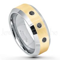 0.21ctw Black Diamond 3-Stone Tungsten Ring - April Birthstone Ring - 2-Tone Tungsten Wedding Band - 8mm Polished Yellow Gold Plated Center Comfort Fit Dome Tungsten Carbide Ring - Anniversary Ring TN024-BD