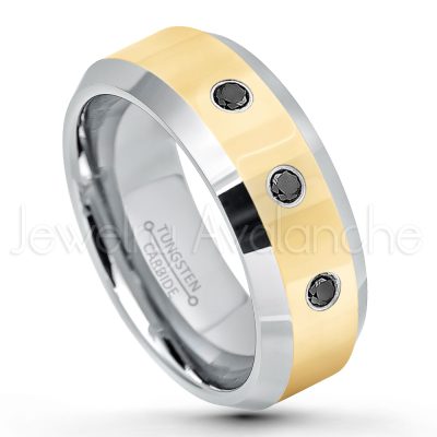 0.21ctw Black & White Diamond 3-Stone Tungsten Ring - April Birthstone Ring - 2-Tone Tungsten Wedding Band - 8mm Polished Yellow Gold Plated Center Comfort Fit Dome Tungsten Carbide Ring - Anniversary Ring TN024-BD