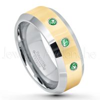0.21ctw Tsavorite 3-Stone Tungsten Ring - January Birthstone Ring - 2-Tone Tungsten Wedding Band - 8mm Polished Yellow Gold Plated Center Comfort Fit Dome Tungsten Carbide Ring - Anniversary Ring TN024-TVR