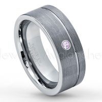 0.07ctw Amethyst Tungsten Ring - February Birthstone Ring - 8mmTungsten Wedding Band - Brushed Finish Comfort Fit Grooved Pipe Cut Tungsten Ring - Men's Anniversary Ring TN030-AMT