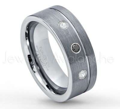 0.07ctw Diamond Tungsten Ring - April Birthstone Ring - 8mmTungsten Wedding Band - Brushed Finish Comfort Fit Grooved Pipe Cut Tungsten Ring - Men's Anniversary Ring TN030-WD