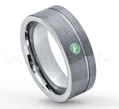 0.21ctw Emerald & Diamond 3-Stone Tungsten Ring - May Birthstone Ring - 8mmTungsten Wedding Band - Brushed Finish Comfort Fit Grooved Pipe Cut Tungsten Ring - Men's Anniversary Ring TN030-ED