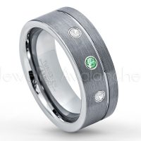 0.21ctw Emerald & Diamond 3-Stone Tungsten Ring - May Birthstone Ring - 8mmTungsten Wedding Band - Brushed Finish Comfort Fit Grooved Pipe Cut Tungsten Ring - Men's Anniversary Ring TN030-ED