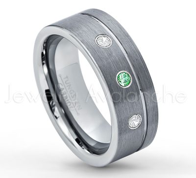 0.07ctw Emerald Tungsten Ring - May Birthstone Ring - 8mmTungsten Wedding Band - Brushed Finish Comfort Fit Grooved Pipe Cut Tungsten Ring - Men's Anniversary Ring TN030-ED