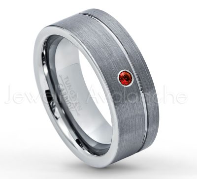 0.21ctw Garnet 3-Stone Tungsten Ring - January Birthstone Ring - 8mmTungsten Wedding Band - Brushed Finish Comfort Fit Grooved Pipe Cut Tungsten Ring - Men's Anniversary Ring TN030-GR