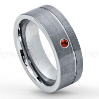 0.07ctw Garnet Tungsten Ring - January Birthstone Ring - 8mmTungsten Wedding Band - Brushed Finish Comfort Fit Grooved Pipe Cut Tungsten Ring - Men's Anniversary Ring TN030-GR