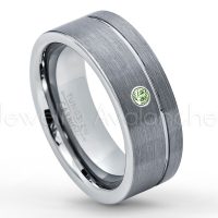 0.07ctw Green Tourmaline Tungsten Ring - October Birthstone Ring - 8mmTungsten Wedding Band - Brushed Finish Comfort Fit Grooved Pipe Cut Tungsten Ring - Men's Anniversary Ring TN030-GTM