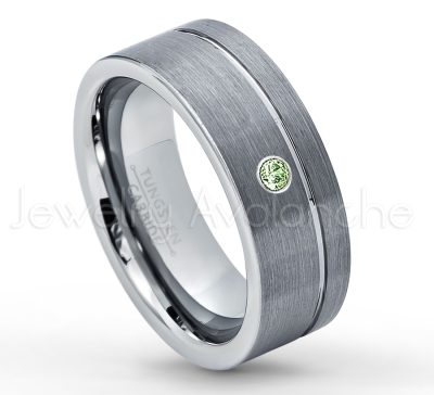 0.07ctw Green Tourmaline Tungsten Ring - October Birthstone Ring - 8mmTungsten Wedding Band - Brushed Finish Comfort Fit Grooved Pipe Cut Tungsten Ring - Men's Anniversary Ring TN030-GTM