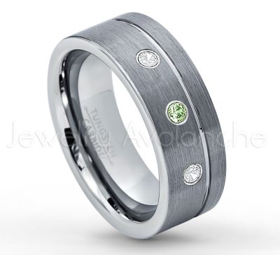 0.21ctw Green Tourmaline 3-Stone Tungsten Ring - October Birthstone Ring - 8mmTungsten Wedding Band - Brushed Finish Comfort Fit Grooved Pipe Cut Tungsten Ring - Men's Anniversary Ring TN030-GTM
