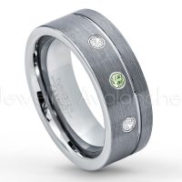 0.21ctw Green Tourmaline & Diamond 3-Stone Tungsten Ring - October Birthstone Ring - 8mmTungsten Wedding Band - Brushed Finish Comfort Fit Grooved Pipe Cut Tungsten Ring - Men's Anniversary Ring TN030-GTM