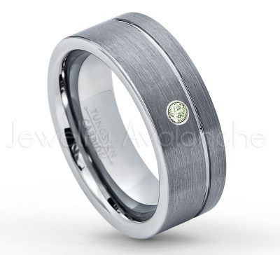 0.21ctw Peridot 3-Stone Tungsten Ring - August Birthstone Ring - 8mmTungsten Wedding Band - Brushed Finish Comfort Fit Grooved Pipe Cut Tungsten Ring - Men's Anniversary Ring TN030-PD