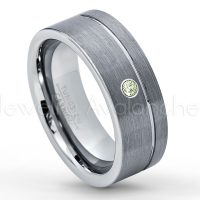 0.07ctw Peridot Tungsten Ring - August Birthstone Ring - 8mmTungsten Wedding Band - Brushed Finish Comfort Fit Grooved Pipe Cut Tungsten Ring - Men's Anniversary Ring TN030-PD