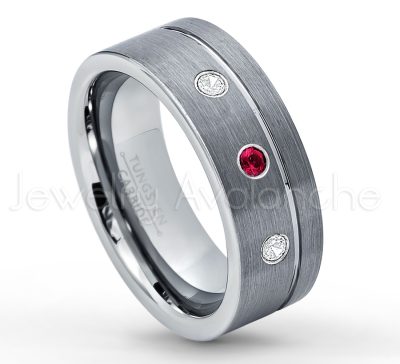 0.07ctw Ruby Tungsten Ring - July Birthstone Ring - 8mmTungsten Wedding Band - Brushed Finish Comfort Fit Grooved Pipe Cut Tungsten Ring - Men's Anniversary Ring TN030-RB