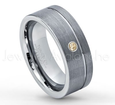 0.21ctw Smokey Quartz 3-Stone Tungsten Ring - November Birthstone Ring - 8mmTungsten Wedding Band - Brushed Finish Comfort Fit Grooved Pipe Cut Tungsten Ring - Men's Anniversary Ring TN030-SMQ