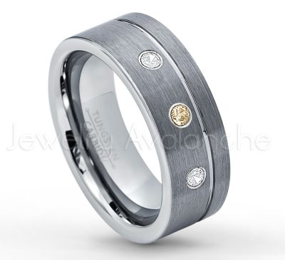 0.21ctw Smokey Quartz & Diamond 3-Stone Tungsten Ring - November Birthstone Ring - 8mmTungsten Wedding Band - Brushed Finish Comfort Fit Grooved Pipe Cut Tungsten Ring - Men's Anniversary Ring TN030-SMQ