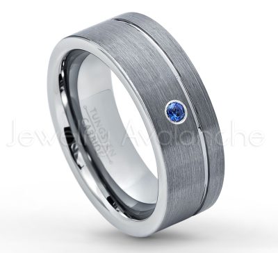 0.07ctw Blue Sapphire Tungsten Ring - September Birthstone Ring - 8mmTungsten Wedding Band - Brushed Finish Comfort Fit Grooved Pipe Cut Tungsten Ring - Men's Anniversary Ring TN030-SP