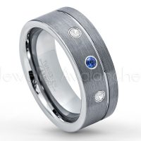 0.21ctw Blue Sapphire & Diamond 3-Stone Tungsten Ring - September Birthstone Ring - 8mmTungsten Wedding Band - Brushed Finish Comfort Fit Grooved Pipe Cut Tungsten Ring - Men's Anniversary Ring TN030-SP