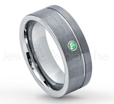 0.21ctw Tsavorite & Diamond 3-Stone Tungsten Ring - January Birthstone Ring - 8mmTungsten Wedding Band - Brushed Finish Comfort Fit Grooved Pipe Cut Tungsten Ring - Men's Anniversary Ring TN030-TVR