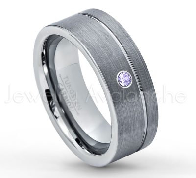 0.21ctw Tanzanite 3-Stone Tungsten Ring - December Birthstone Ring - 8mmTungsten Wedding Band - Brushed Finish Comfort Fit Grooved Pipe Cut Tungsten Ring - Men's Anniversary Ring TN030-TZN