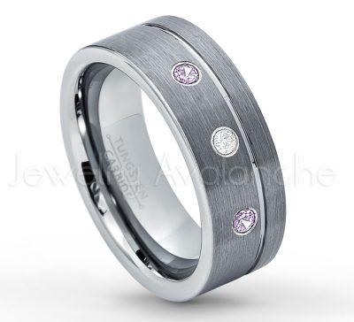 0.07ctw Amethyst Tungsten Ring - February Birthstone Ring - 8mmTungsten Wedding Band - Brushed Finish Comfort Fit Grooved Pipe Cut Tungsten Ring - Men's Anniversary Ring TN030-AMT