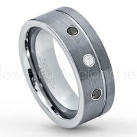 0.21ctw White & Black Diamond 3-Stone Tungsten Ring - April Birthstone Ring - 8mmTungsten Wedding Band - Brushed Finish Comfort Fit Grooved Pipe Cut Tungsten Ring - Men's Anniversary Ring TN030-WD