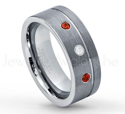 0.21ctw Garnet & Diamond 3-Stone Tungsten Ring - January Birthstone Ring - 8mmTungsten Wedding Band - Brushed Finish Comfort Fit Grooved Pipe Cut Tungsten Ring - Men's Anniversary Ring TN030-GR